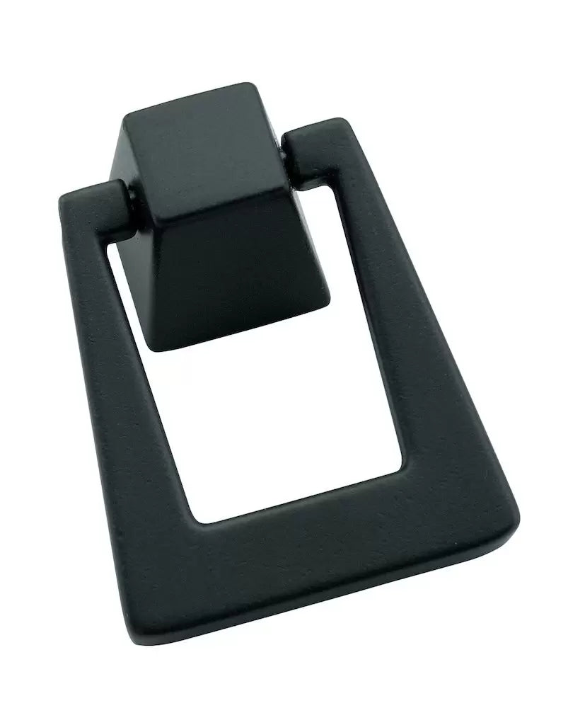 Black rectangular cabinet handle on a white background
