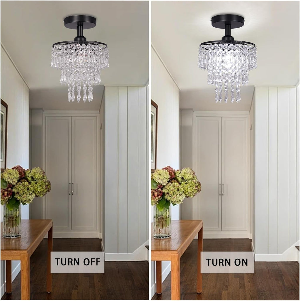 Small Black Crystal Chandelier Flush Mount With Raindrops