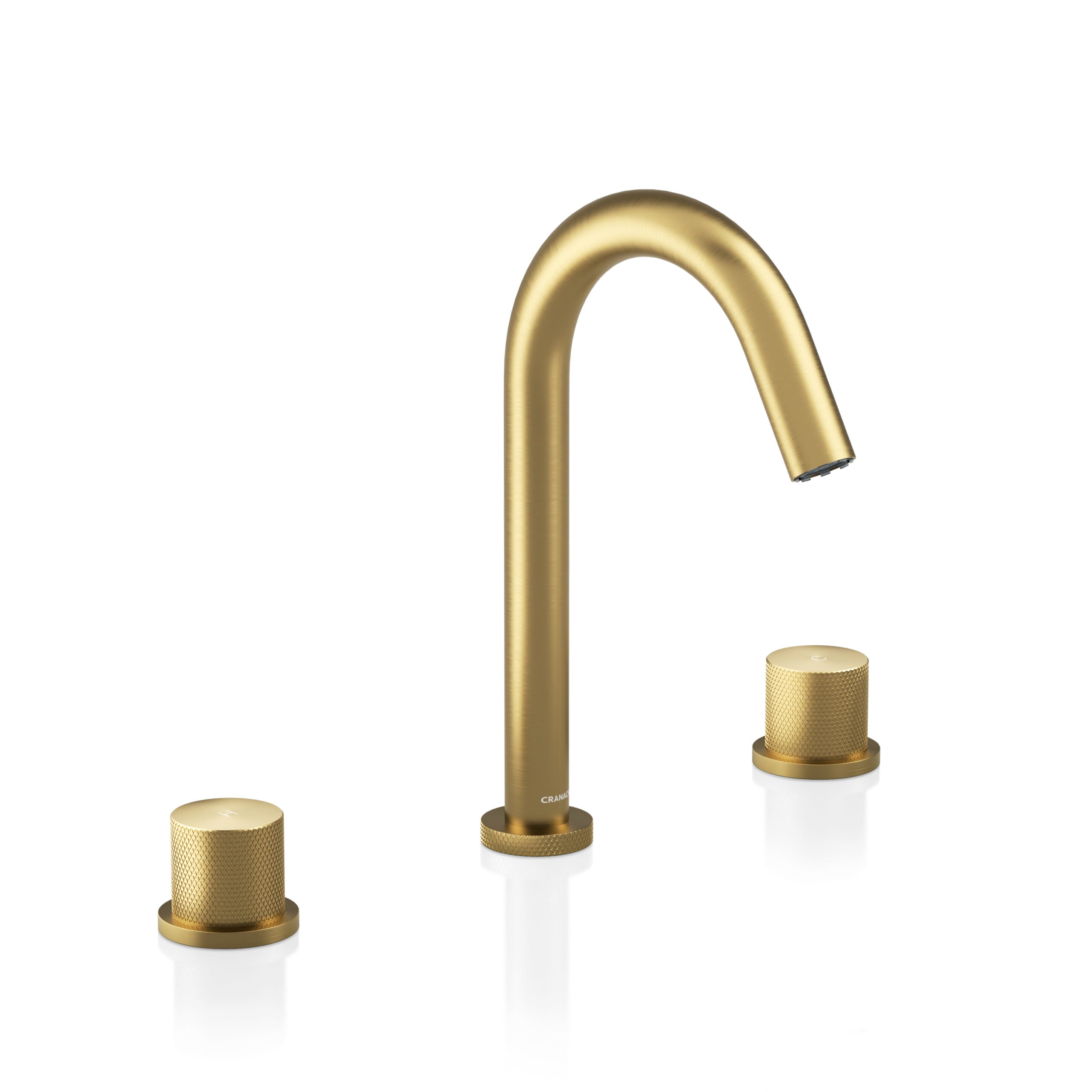 A modern three-hole bathroom faucet set in a brushed gold finish, featuring a tall curved spout and two matching cylindrical handles, shown on a clean white background with subtle reflections.