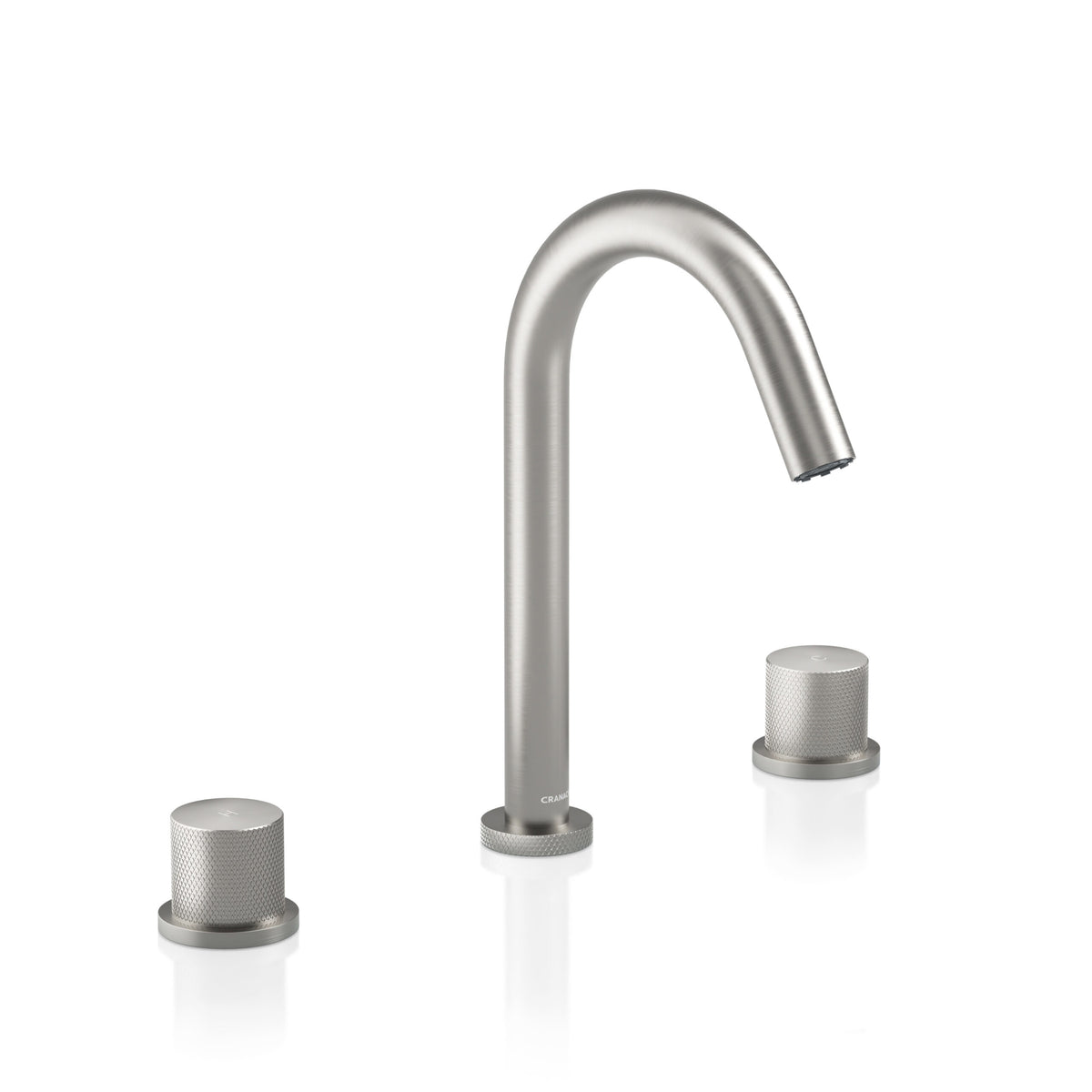 A modern three-hole bathroom faucet set in brushed nickel, featuring a curved gooseneck spout and two matching cylindrical handles, shown on a clean white background with subtle reflections.