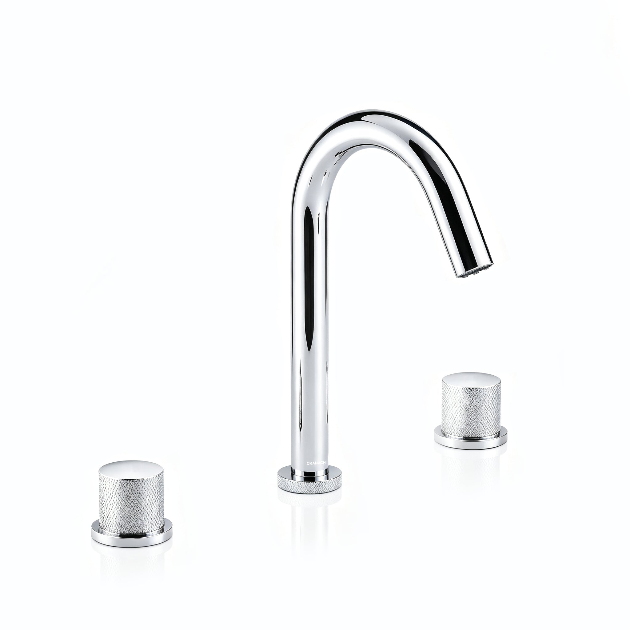 A modern chrome bathroom faucet with a curved spout and two separate cylindrical handles, shown on a clean white background.