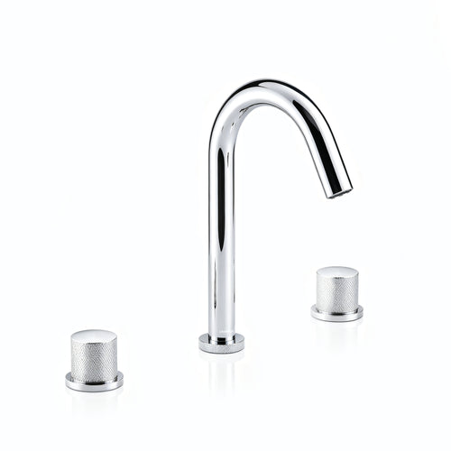 A modern chrome bathroom faucet with a curved spout and two separate cylindrical handles, shown on a clean white background.
