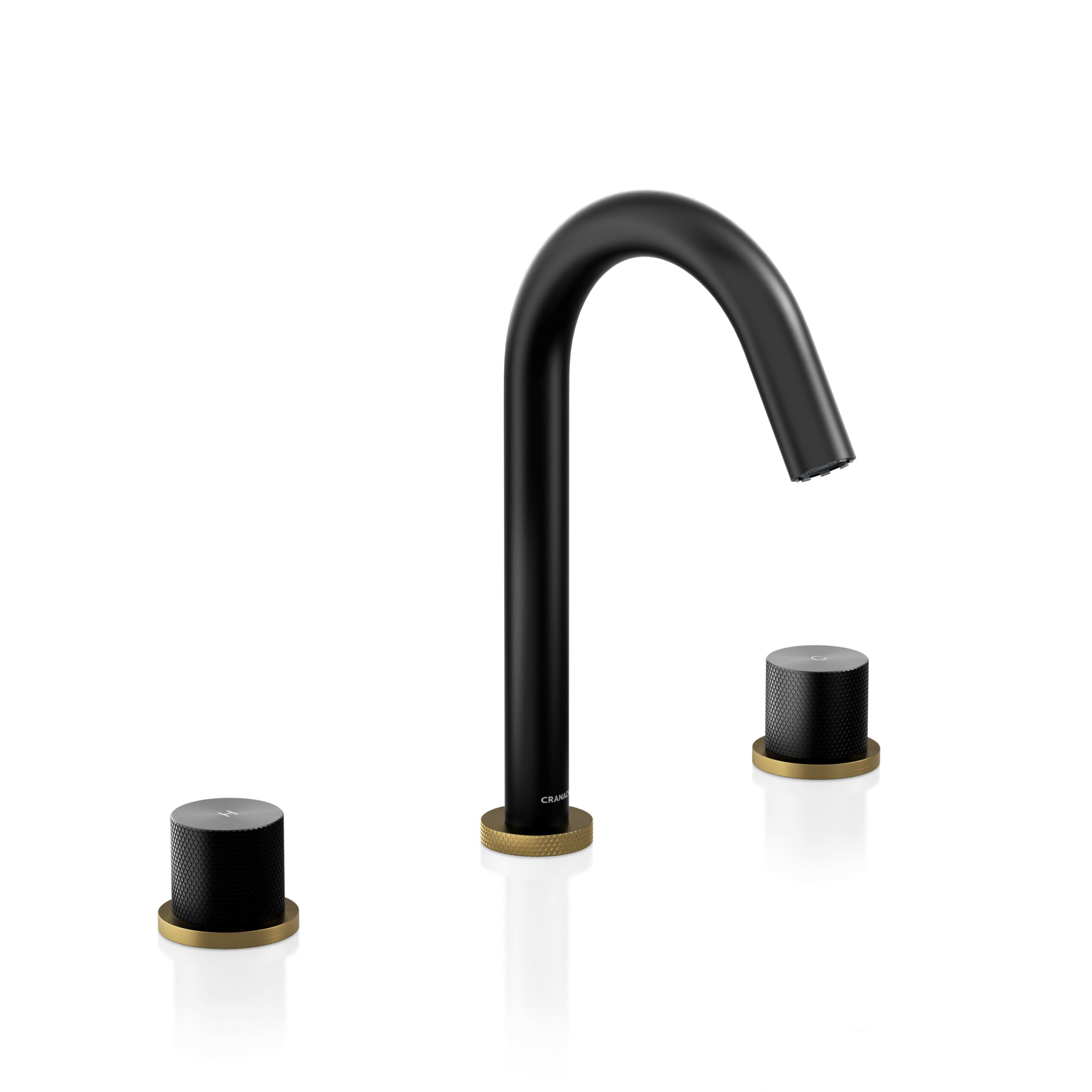 A modern three-hole bathroom faucet set with a matte black curved spout and two matching cylindrical handles, each with a textured black top and a brushed gold base, shown on a clean white background.