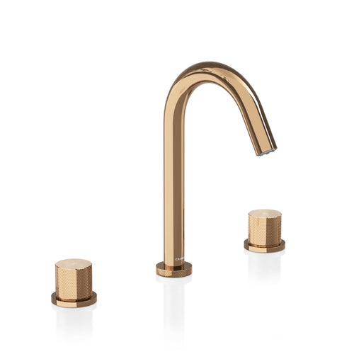 A modern three-hole bathroom faucet set in a polished champagne gold finish, featuring a curved gooseneck spout and two matching cylindrical knobs with a knurled texture, shown on a clean white background.