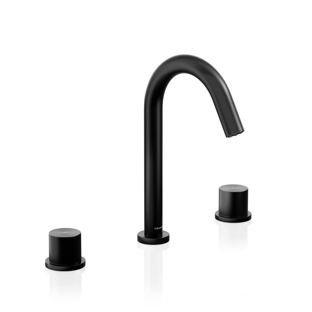 A modern three-hole bathroom faucet set in matte black, featuring a curved gooseneck spout and two separate cylindrical handles, shown on a clean white background with subtle reflections.