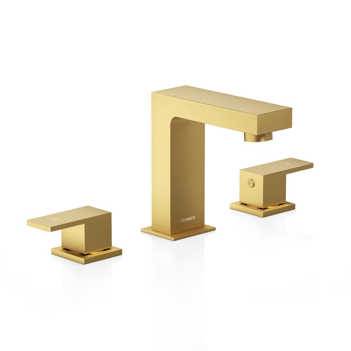A modern three-hole bathroom faucet set in a brushed gold finish, featuring a tall rectangular spout and two matching lever handles,
