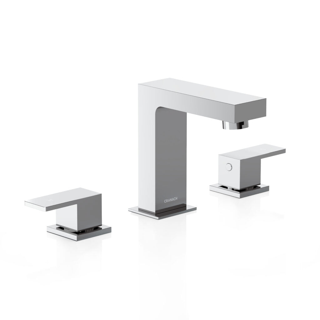 A modern three-hole bathroom faucet set with a tall rectangular spout, two separate lever handles, and a polished chrome finish