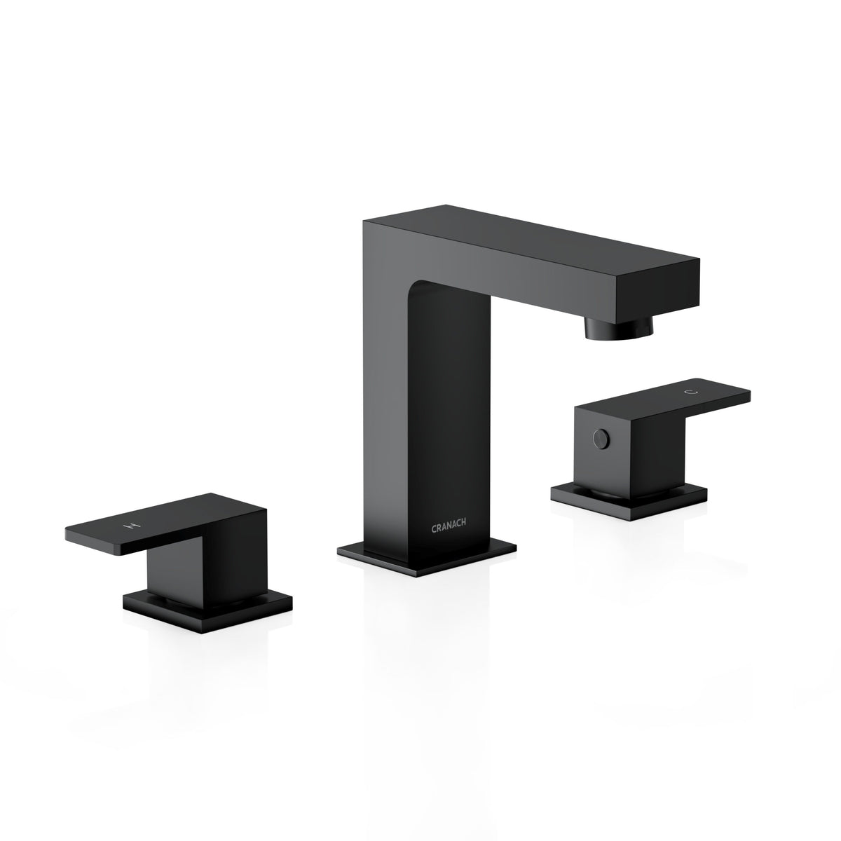 A modern three-hole bathroom faucet set in matte black, featuring a tall rectangular spout and two matching lever handles