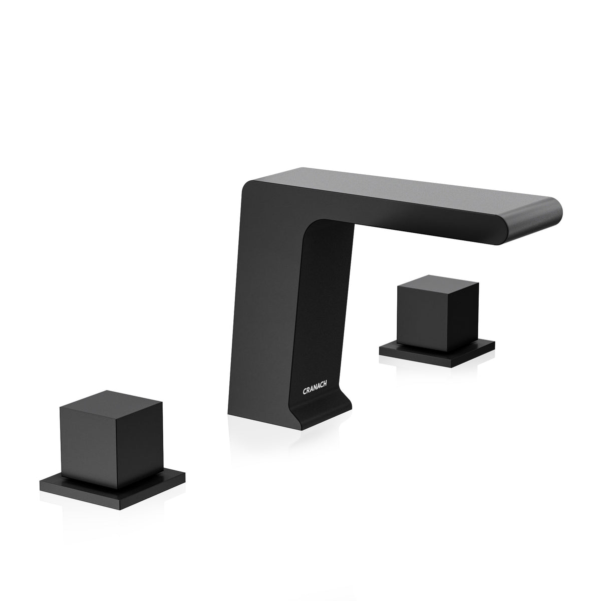 A modern three-hole faucet set in matte black, featuring a central rectangular spout with a curved top edge and two separate square-shaped handles.