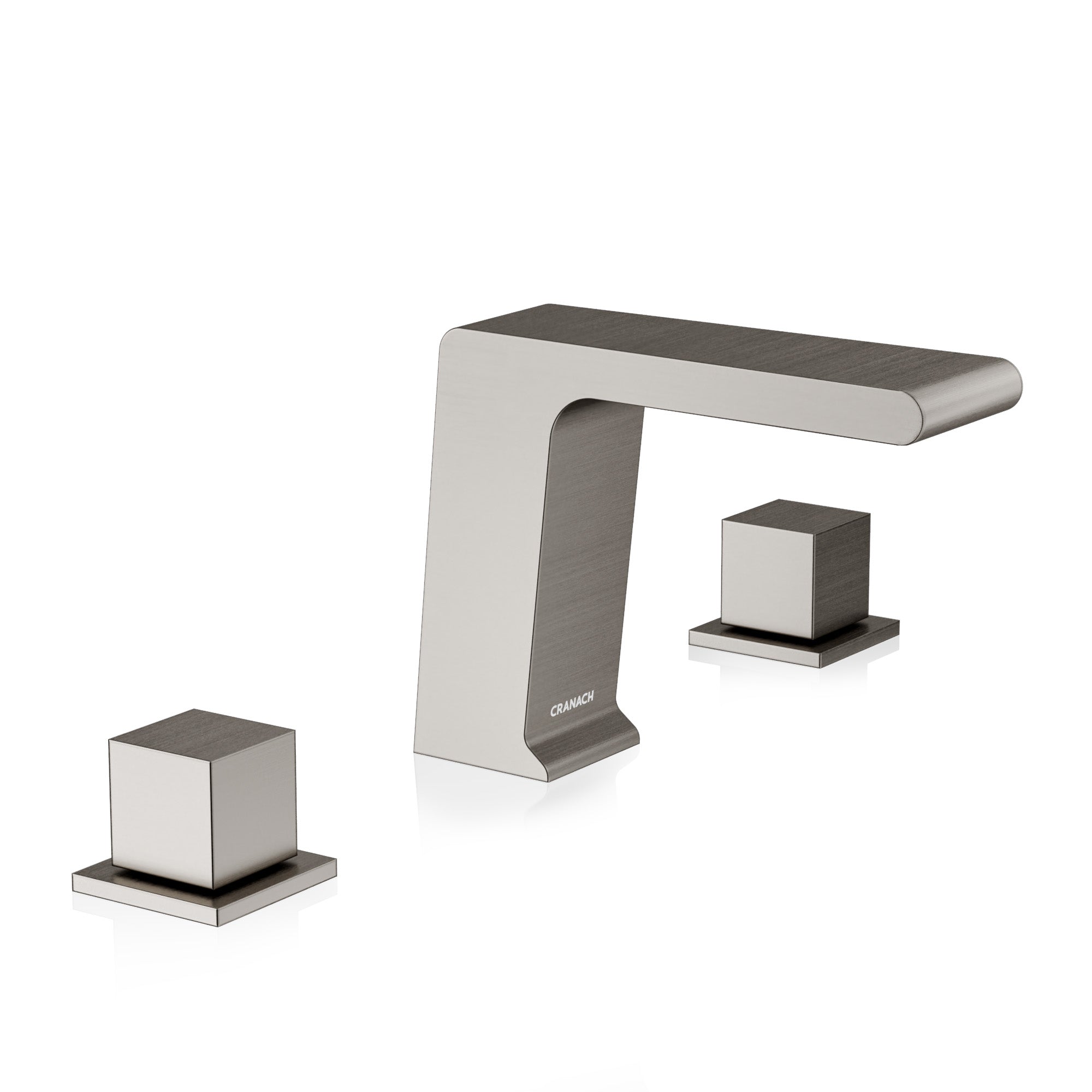 A modern three-hole bathroom faucet set with a brushed nickel finish, featuring a central spout with a rectangular top and two separate square-shaped handles.