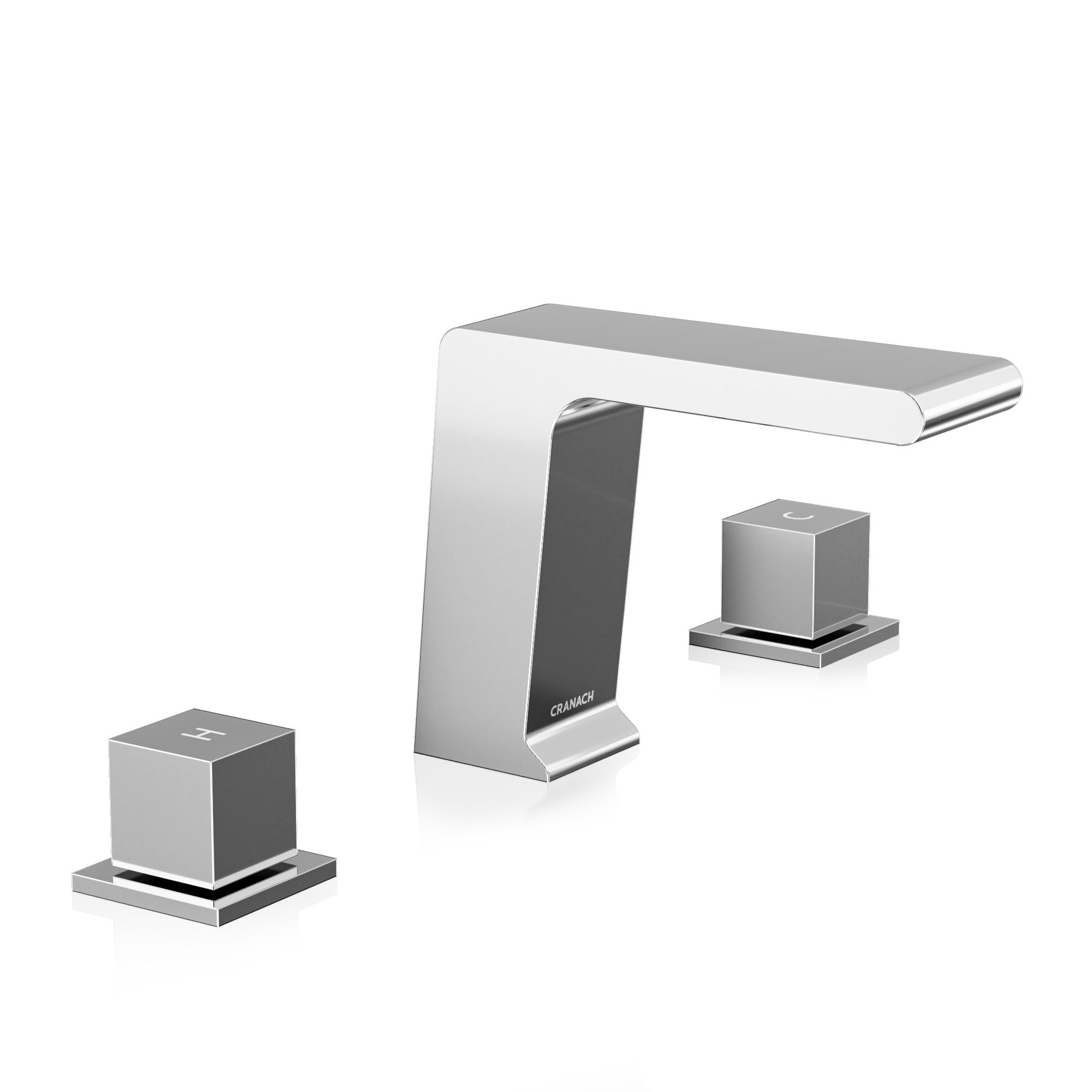 A modern three-hole bathroom faucet set with a polished chrome gooseneck spout and two matching square-shaped lever handles