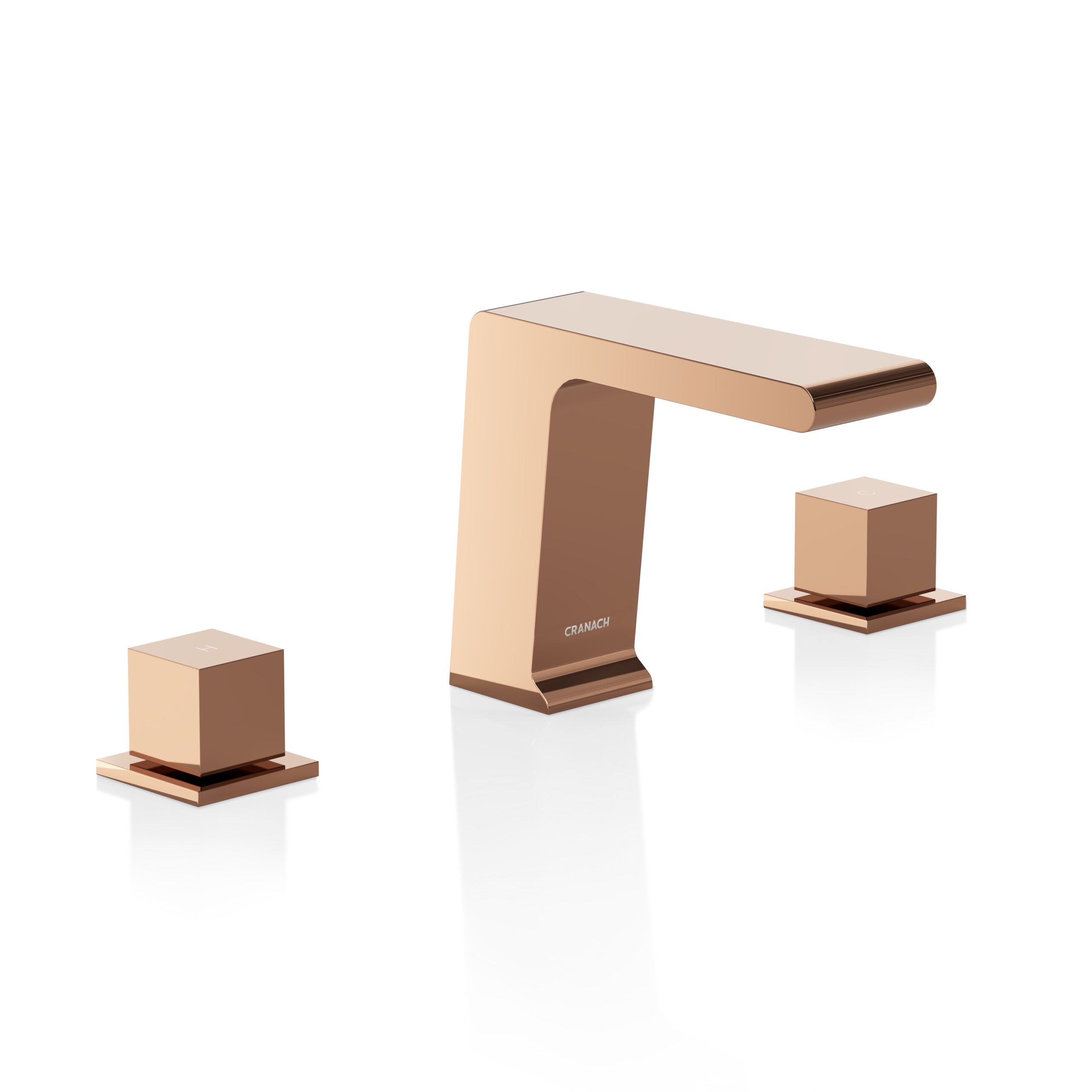 A modern three-hole bathroom faucet set in a polished rose gold finish, featuring a central spout and two matching square-shaped handles 