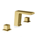 A modern three-hole bathroom faucet set in brushed gold, featuring a central spout and two matching square-shaped handles on a clean white background.