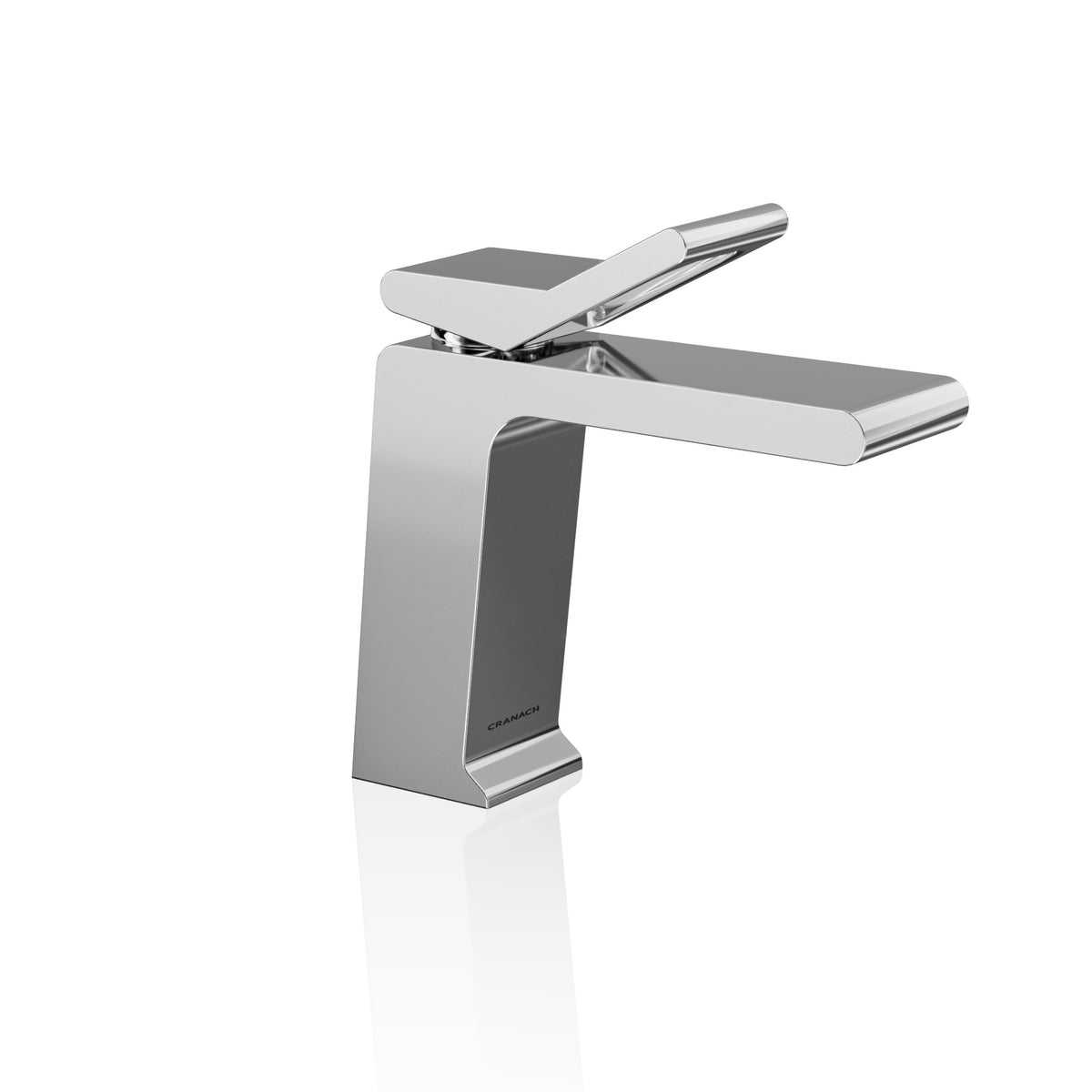 A modern single-handle bathroom faucet with a polished chrome finish, featuring a rectangular spout and lever handle