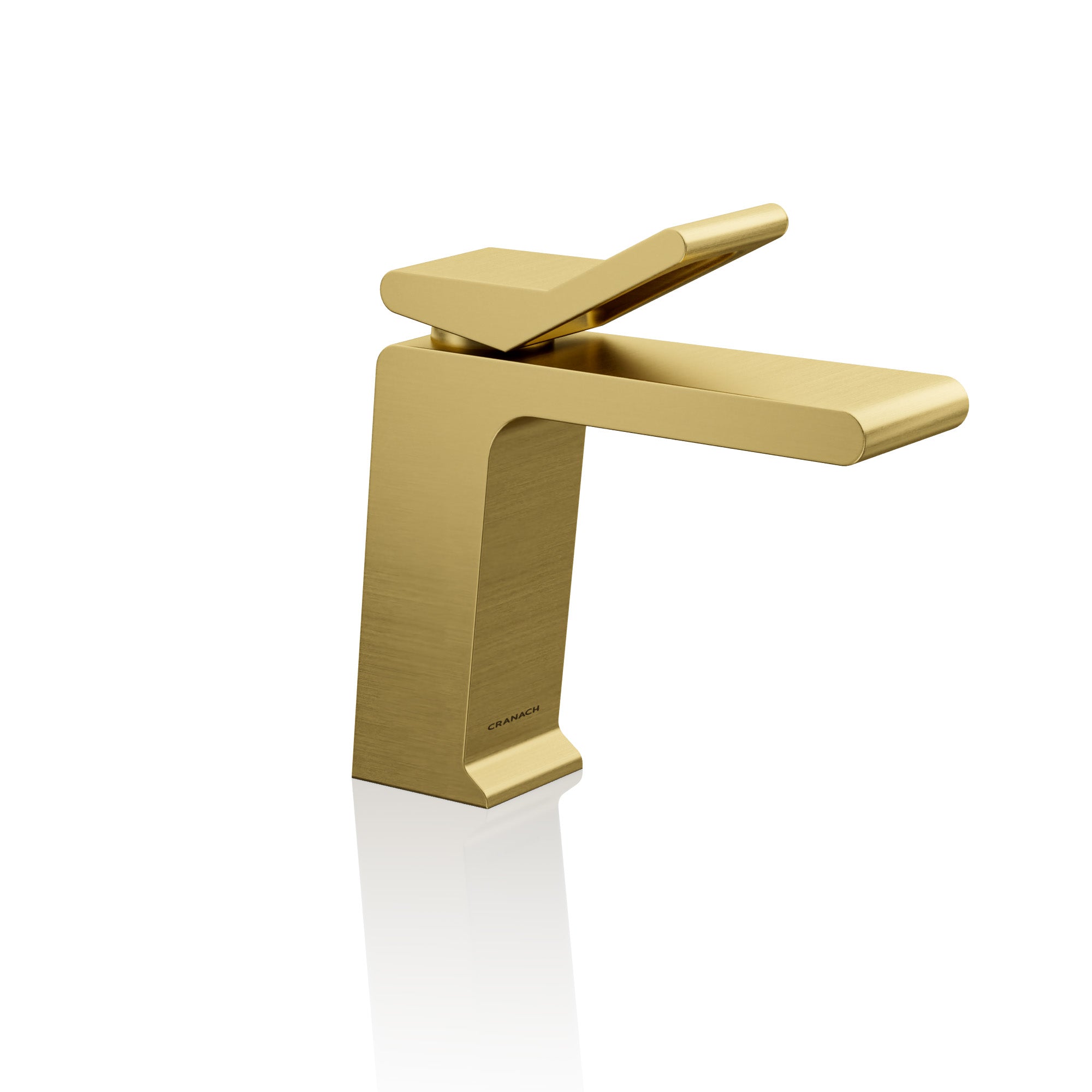 A modern single-handle bathroom faucet in brushed gold, shown from a three-quarter angle