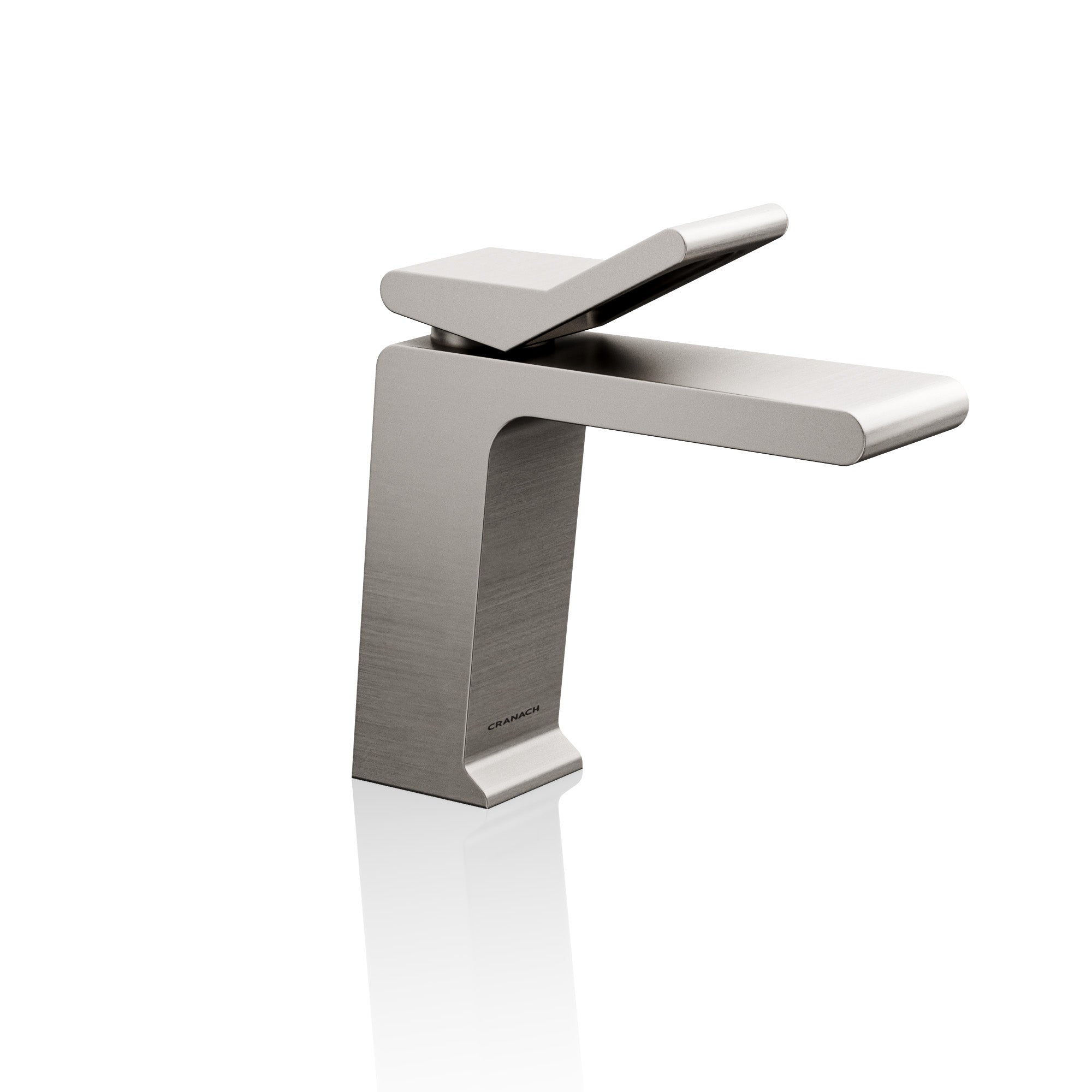 A modern single-handle bathroom faucet in brushed stainless steel, featuring a rectangular body and a flat, angled spout with a lever handle on top
