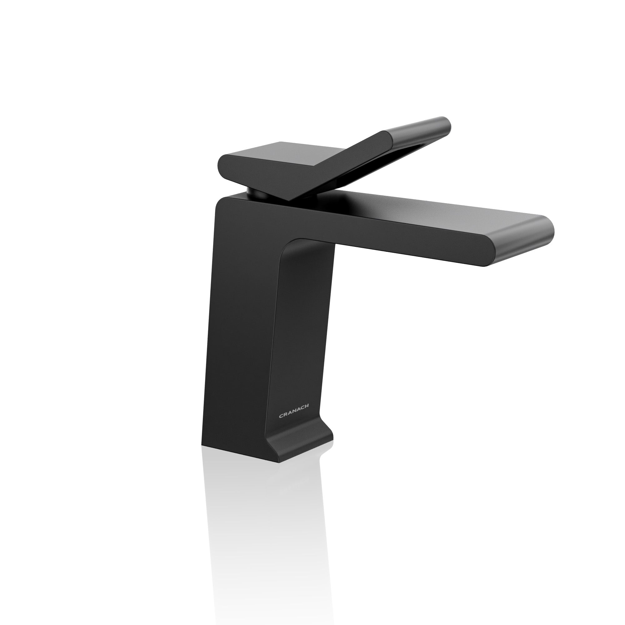 A matte black single-handle bathroom faucet with a modern rectangular spout and lever handle