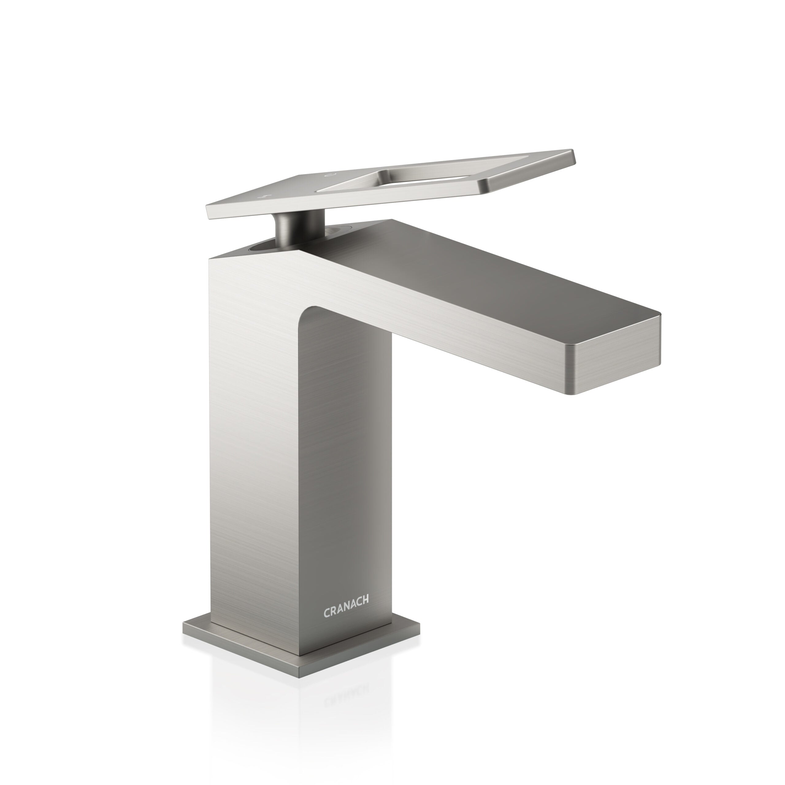 A modern single-handle bathroom faucet with a brushed stainless steel finish, featuring a tall rectangular pedestal base, a flat spout, and a top-mounted lever handle