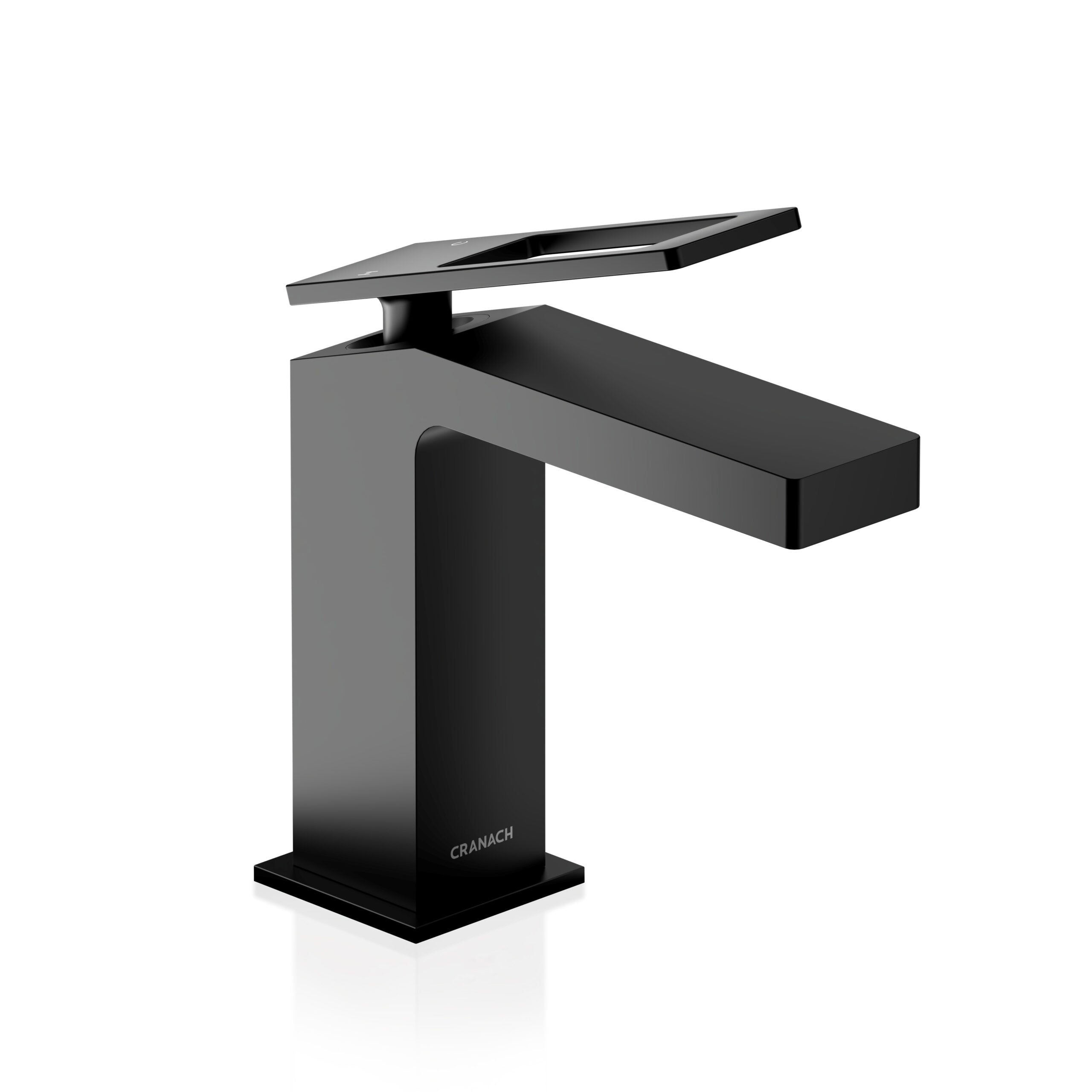 A modern single-handle bathroom faucet in a glossy black finish, featuring a rectangular spout and a flat lever handle on top
