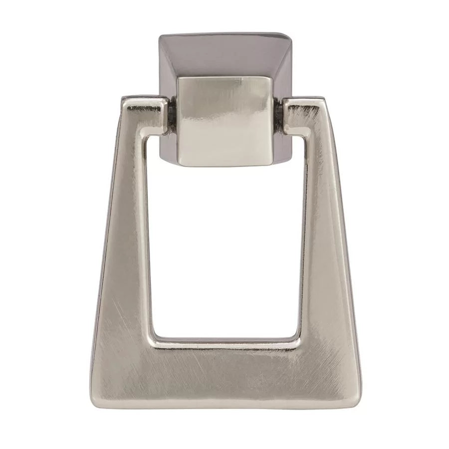 A modern geometric door pull handle with a brushed silver metal finish, featuring a square top plate and a rectangular knocker, shown against a plain white background.