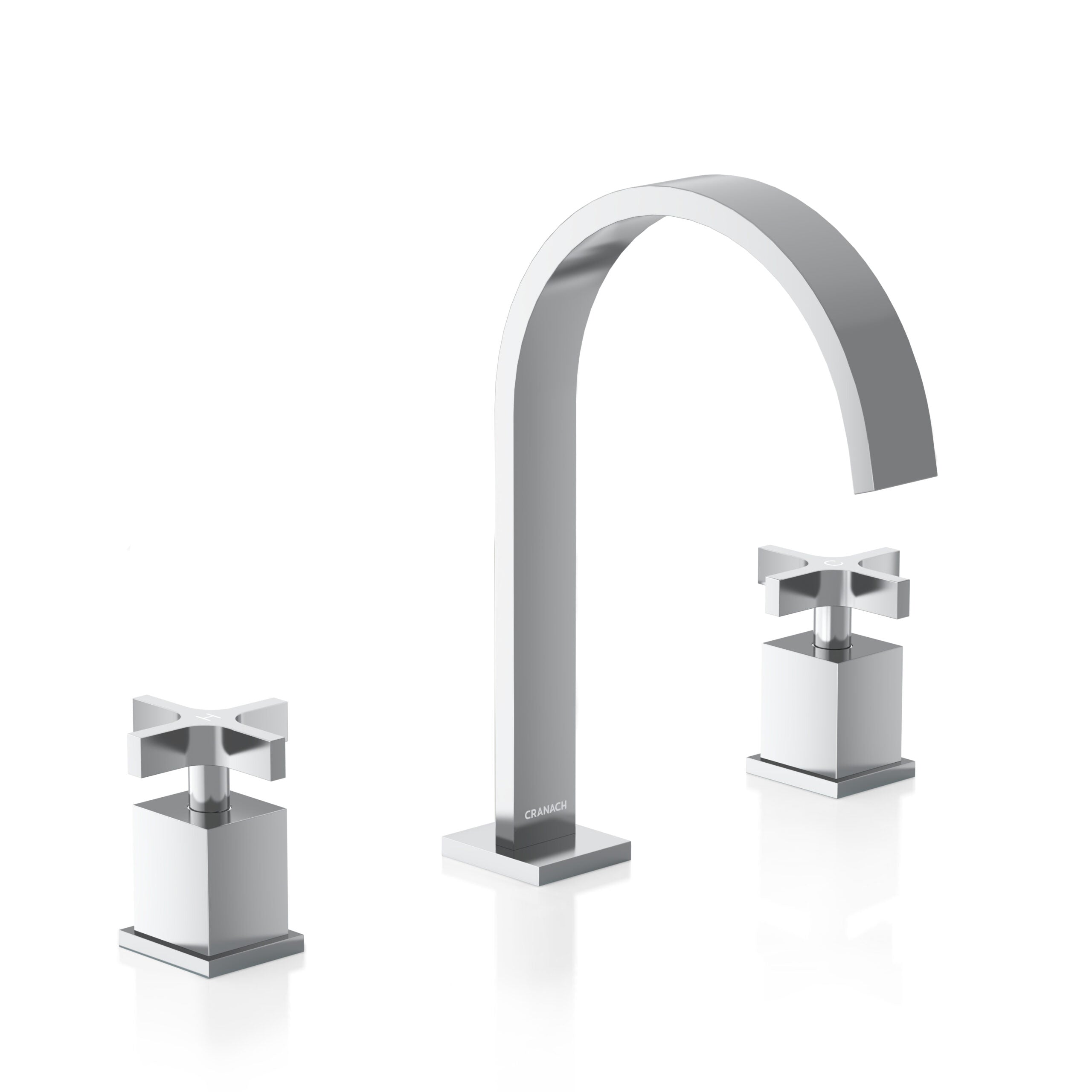 A modern three-hole bathroom faucet set with a tall, curved central spout and two separate square handles, finished in polished chrome 
