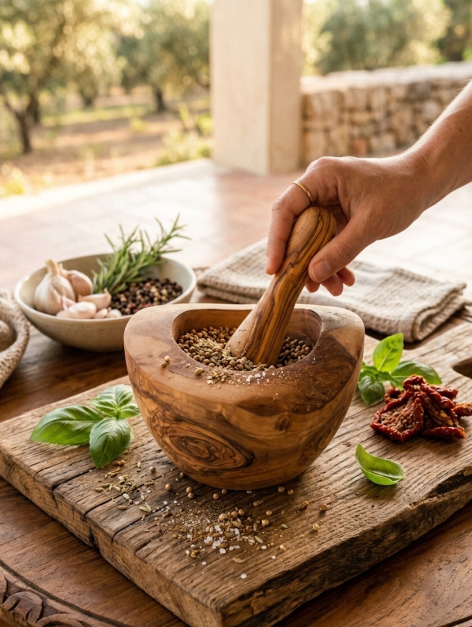 Hand using a wooden pestle in a mortar on a rustic wooden surface with herbs and spices.